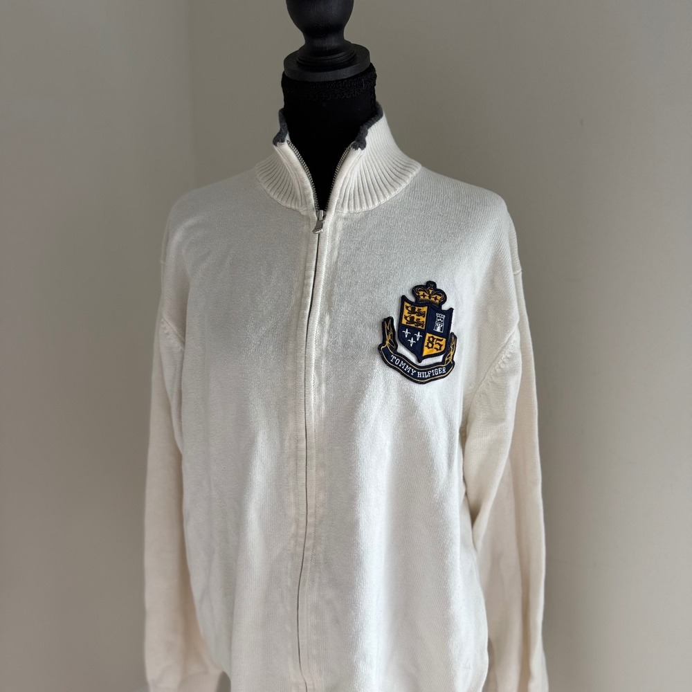 Tommy Hilfiger Crest 85 Full Zip Sweater Men's L Ivory Cotton Preppy 2009